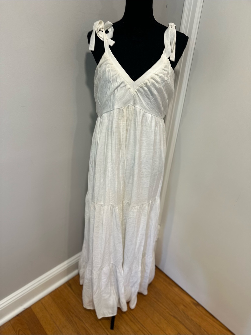 EUC VTG 90s Express Sz:L Ruched V-Neck Tie-Shoulder Tiered Maxi Summer Dress.